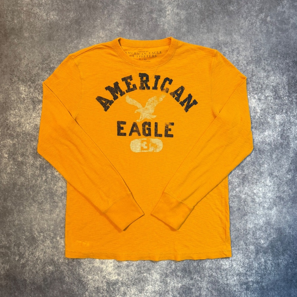 Y2K‎ American Eagle Mens Large Yellow Thermal Long Sleeve Graphic T-Shirt